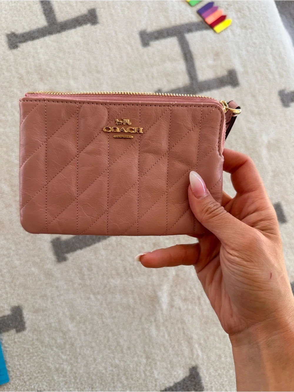 Coach Quilted Leather Wristlet in Rose Mauve with Gold Hardware
